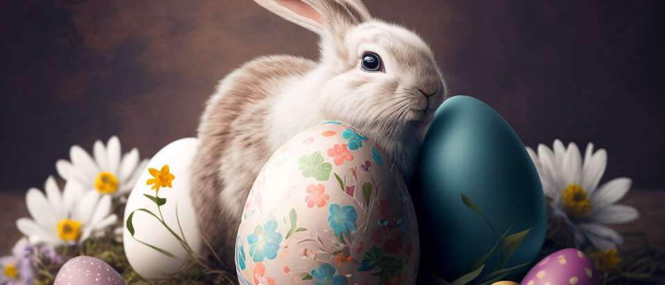 Glad påsk med en kanin och påskägg
